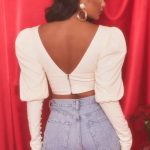 Plunge Neck Puff Sleeve Crop Top in Oyster White - Image 5