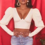 Plunge Neck Puff Sleeve Crop Top in Oyster White - Image 6