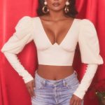 Plunge Neck Puff Sleeve Crop Top in Oyster White - Image 7