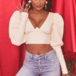 Plunge Neck Puff Sleeve Crop Top in Oyster White - Image 8