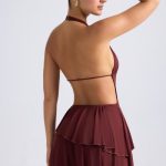 Ruffled Cut-Out Halterneck Mini Dress in Chestnut Brown - Image 2