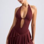 Ruffled Cut-Out Halterneck Mini Dress in Chestnut Brown - Image 4