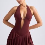 Ruffled Cut-Out Halterneck Mini Dress in Chestnut Brown - Image 6