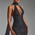 Embellished Scarf-Detail Halterneck Mini Dress in Black