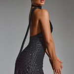 Embellished Scarf-Detail Halterneck Mini Dress in Black - Image 3