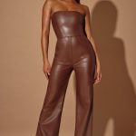 Petite Strapless Wide Leg Vegan Leather Jumpsuit in Brown