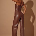 Petite Strapless Wide Leg Vegan Leather Jumpsuit in Brown - Image 2