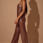 Petite Strapless Wide Leg Vegan Leather Jumpsuit in Brown - Image 3