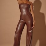 Petite Strapless Wide Leg Vegan Leather Jumpsuit in Brown - Image 6
