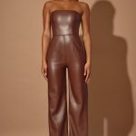 Petite Strapless Wide Leg Vegan Leather Jumpsuit in Brown - Image 7