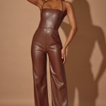 Petite Strapless Wide Leg Vegan Leather Jumpsuit in Brown - Image 8