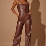 Petite Strapless Wide Leg Vegan Leather Jumpsuit in Brown - Image 9