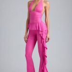 Metallic Ruffle Low-Rise Flared Trousers in Bubblegum Pink