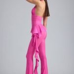 Metallic Ruffle Low-Rise Flared Trousers in Bubblegum Pink - Image 3