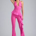 Metallic Ruffle Low-Rise Flared Trousers in Bubblegum Pink - Image 6
