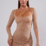 Sheer Embellished Long Sleeve A-Line Mini Dress in Almond