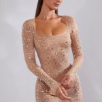 Sheer Embellished Long Sleeve A-Line Mini Dress in Almond - Image 6