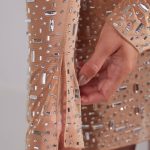 Sheer Embellished Long Sleeve A-Line Mini Dress in Almond - Image 9