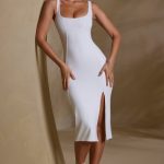 Square Neck Bodycon Midi Dress in White - Image 5