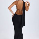 Scarf-Detail Cut-Out Halterneck Maxi Dress in Black - Image 4