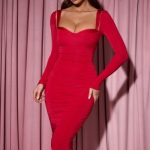 Layered Bra-Detail Ruched Midaxi Dress in Red - Image 7