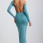 Slinky Jersey Asymmetric Ruched Hardware Detail Maxi Dress in Sea Green - Image 2