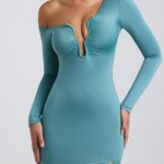 Slinky Jersey Asymmetric Ruched Hardware Detail Maxi Dress in Sea Green - Image 4
