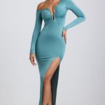 Slinky Jersey Asymmetric Ruched Hardware Detail Maxi Dress in Sea Green - Image 5
