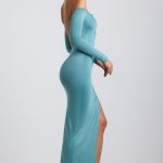 Slinky Jersey Asymmetric Ruched Hardware Detail Maxi Dress in Sea Green - Image 6