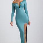 Slinky Jersey Asymmetric Ruched Hardware Detail Maxi Dress in Sea Green - Image 7