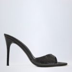 Almond-Toe Heeled Mules in Croc Patent Black