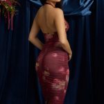 Ruched Plunge Halterneck Midi Dress in Maroon Floral Print - Image 2
