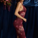 Ruched Plunge Halterneck Midi Dress in Maroon Floral Print - Image 3