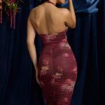 Ruched Plunge Halterneck Midi Dress in Maroon Floral Print - Image 6