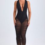 Ruched Plunge Midaxi Dress in Black