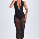 Ruched Plunge Midaxi Dress in Black - Image 4