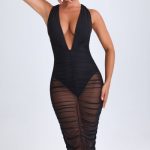 Ruched Plunge Midaxi Dress in Black - Image 8