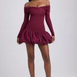 Modal Off-Shoulder Bubble Hem Mini Dress in Wine Red - Image 7