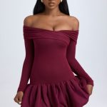 Modal Off-Shoulder Bubble Hem Mini Dress in Wine Red - Image 8