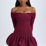 Modal Off-Shoulder Bubble Hem Mini Dress in Wine Red - Image 9