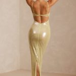 Sheer Sequin V-Neck Cut Out Back Evening Gown in Pistachio - Image 2