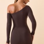 Modal Off-Shoulder Ruched Mini Dress in Chocolate Brown - Image 2