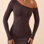 Modal Off-Shoulder Ruched Mini Dress in Chocolate Brown - Image 4