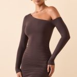 Modal Off-Shoulder Ruched Mini Dress in Chocolate Brown - Image 5
