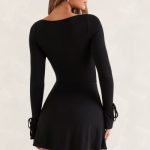 Square Neck Long Sleeve Mini Dress in Black - Image 2