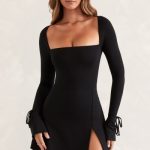 Square Neck Long Sleeve Mini Dress in Black - Image 6