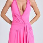 Halterneck Draped A-Line Mini Dress in Lollipop Pink - Image 4