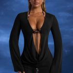 Bead-Embellished Cowl-Neck Sheer Mini Dress in Black