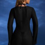 Bead-Embellished Cowl-Neck Sheer Mini Dress in Black - Image 2