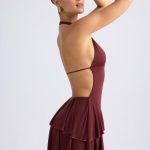 Ruffled Cut-Out Halterneck Mini Dress in Chestnut Brown - Image 3